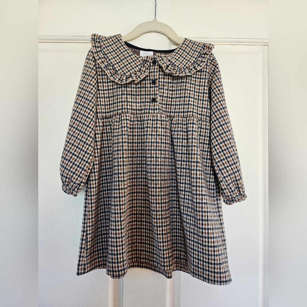 Zara Plaid Long Sleeve Dress with Ruffle Collar